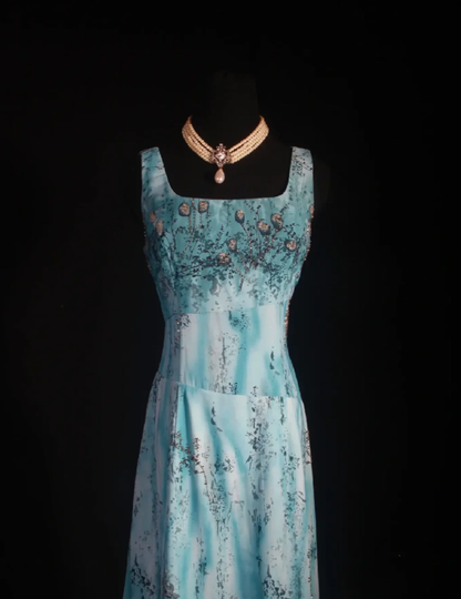 Vintage Square Neck Blue Chiffon Beaded Long Prom Dress Birthday Party Dress D2259