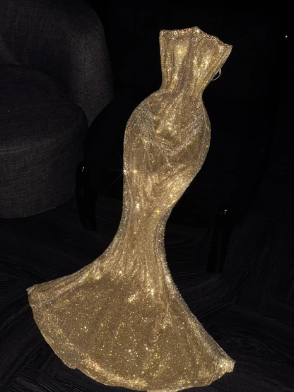 Gorgeous Strapless Gold Sequin Tulle Mermaid Long Evening Dress Birthday Party Dress D4560