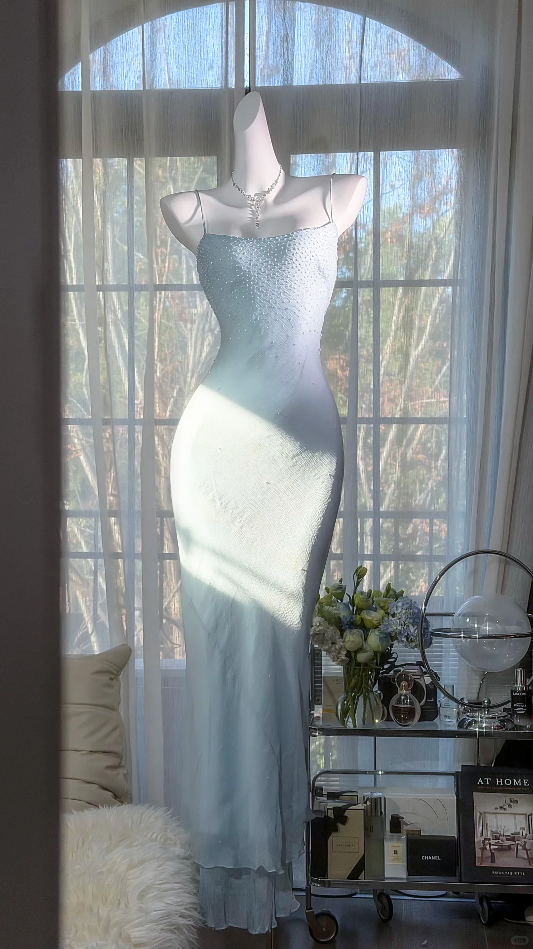 Glamorous Spaghetti Straps Sky Blue Chiffon Beaded Mermaid Long Birthday Prom Dress Party Gown D2529