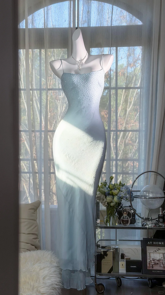 Glamorous Spaghetti Straps Sky Blue Chiffon Beaded Mermaid Long Birthday Prom Dress Party Gown D2529
