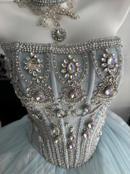 Elegant Strapless Blue Tulle Pleated Beaded Long Birthday Quinceanera Dress Sweet 15 Dress D4715
