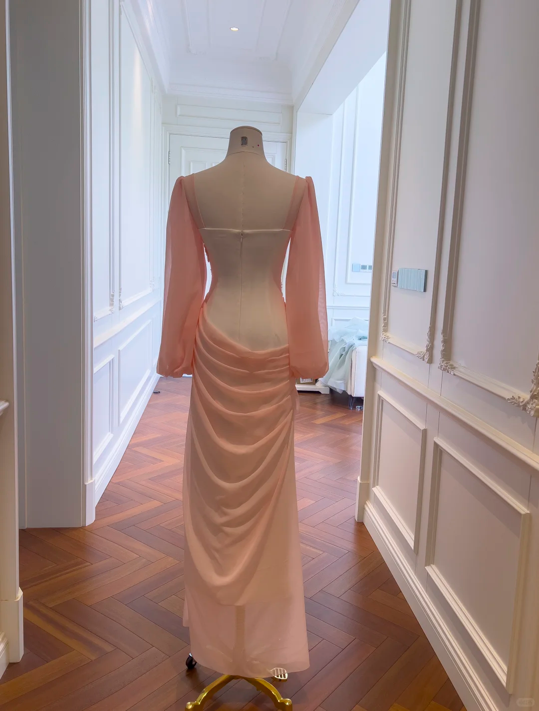 Elegant Pink Chiffon Pleated Beaded Long Evening Dress Birthday Dress D2982