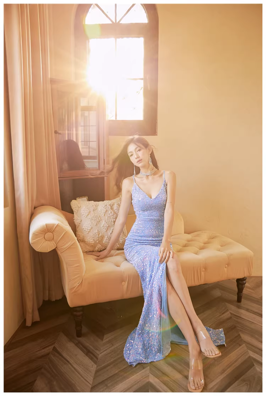 Sparkly Spaghetti Straps V Neck Blue Sequin Mermaid Slit Long Evening Dress Formal Wedding Guest Dress D2404