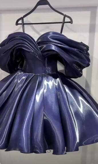 Sexy Off The Shoulder Navy Blue Satin Pleated Short Homecoming Dress Birthday Outfits D4754