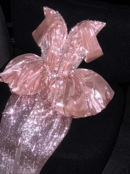 Glitter Strapless Pink Sequin Mermaid Long Evening Dress Prom Dresses D4546