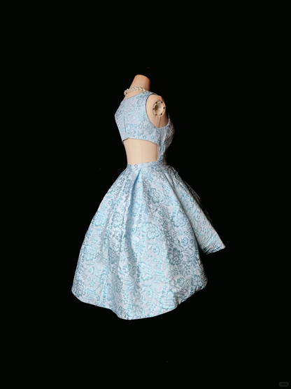 Gorgeous V Neck Blue Satin Print Floral A Line Homecoming Dress Short Party Dress D3254