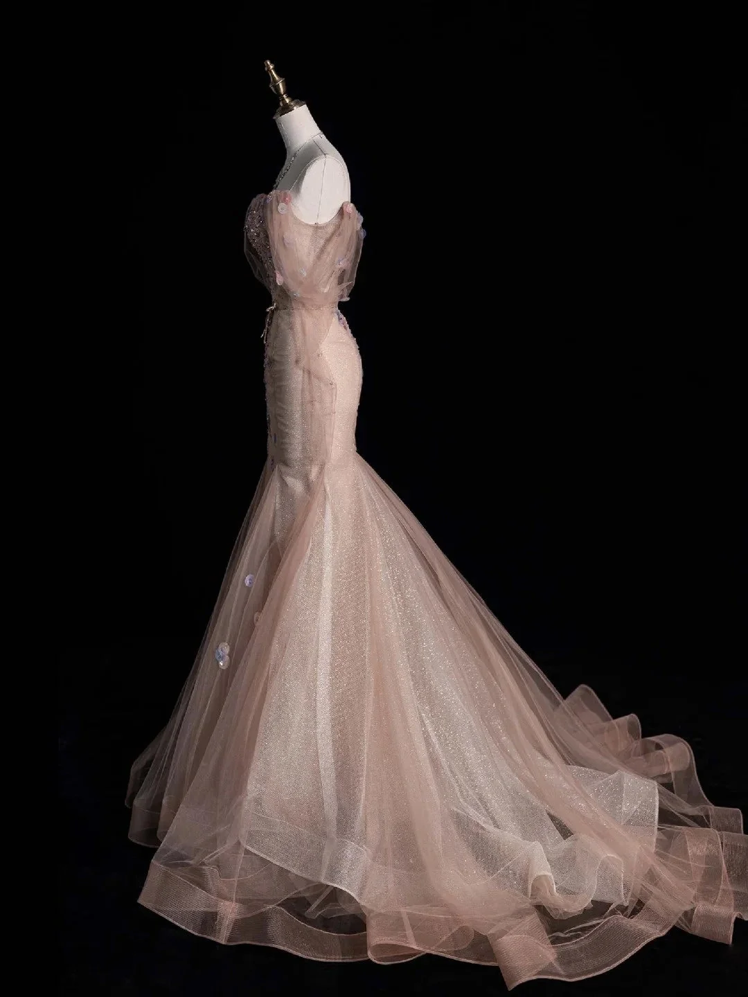 Pretty Off The Shoulder Tulle Appliqued Long Prom Dresses Pink Mermaid Long Party Dress D4524
