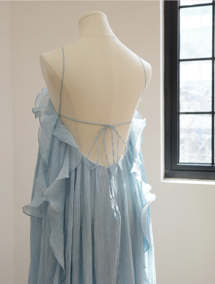Pretty Spaghetti Straps Blue Chiffon Ruffle Long Party Dress Prom Gown D2173