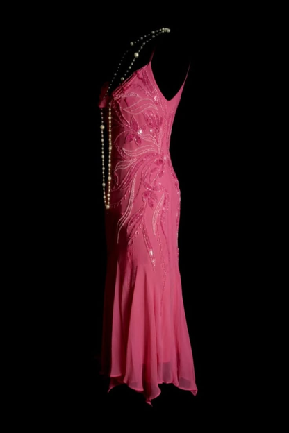 Charming Pink Chiffon Sequin Beaded Mermaid Party Dress,Spaghetti Straps Long Evening Dress D3435