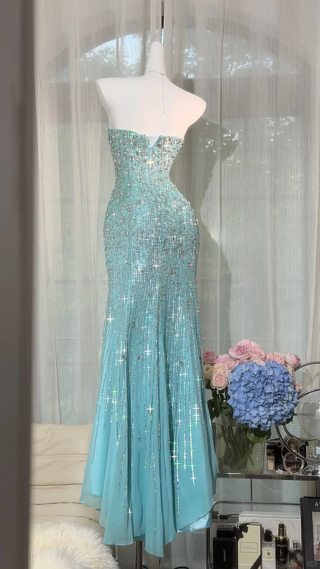 Glamorous Sweetheart Neck Blue Chiffon Sequin Beaded Mermaid Long Party Dress Evening Gown D2938