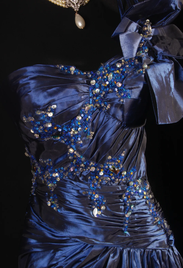 Elegant One Shoulder Satin Pleated Beaded Mermaid Evening Dress Navy Blue Long Party Dress D2225