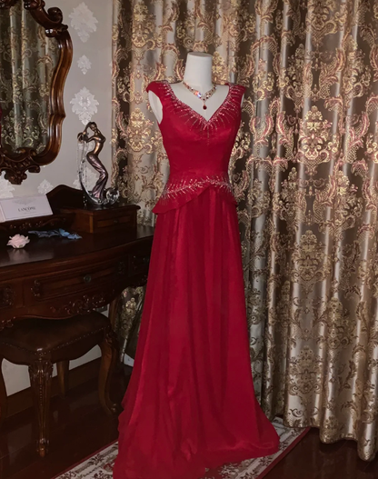 Glitter V Neck Sleeveless Satin Tulle Beaded Mermaid Long Evening Dress Party Gown D1749