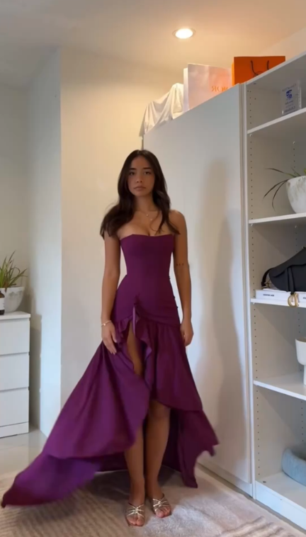 Pretty Strapless Purple Satin Ruffles Slit Mermaid Evening Dress Long Wedding Guest Dress D2873