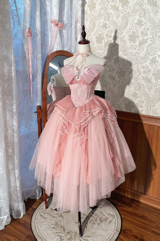 Pretty Strapless Butterfly Tulle A Line Birthday Outfits Pink Homecoming Dress Holiday Dress S487