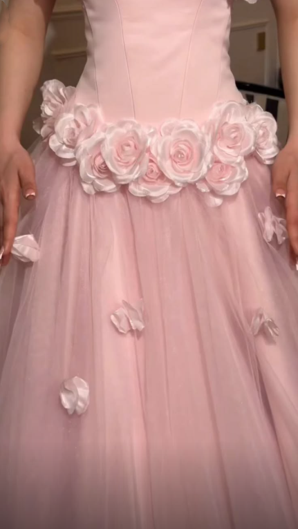Elegant Pink Strapless 3D Floral Tulle Long Party Dress Evening Dress D3737