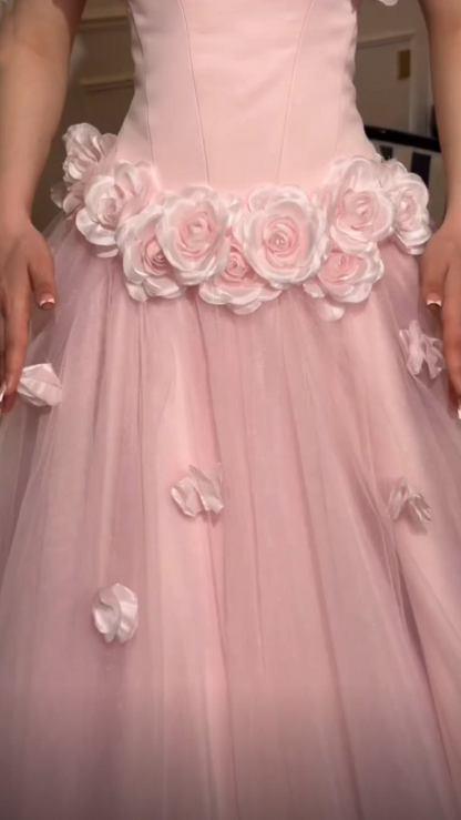 Elegant Pink Strapless 3D Floral Tulle Long Party Dress Evening Dress D3737