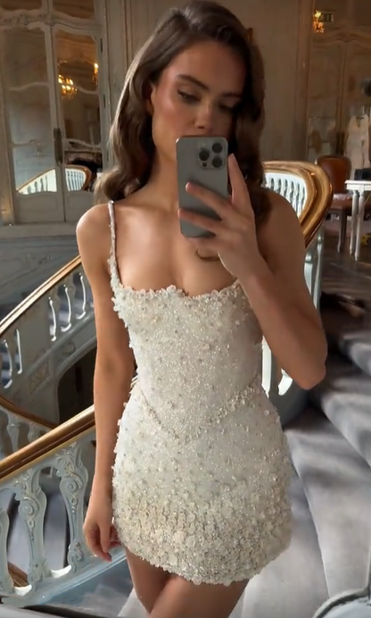 Shiny White Spaghetti Strap Mini Homecoming Dress, 3D Floral Rhinestone Sequin Sparkly Short Evening Dress D3162