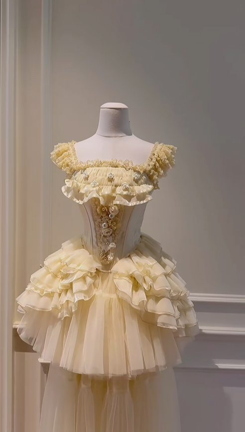 Sweet Tulle Beaded A Line Short 6th Grade Homecoming Dress,Yellow Mini Birthday Outfits D2950