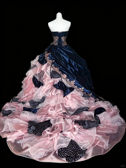 Retro Ball Gown Navy Blue Pink Satin Tulle Appliques Quinceanera Dress With Bow D5279