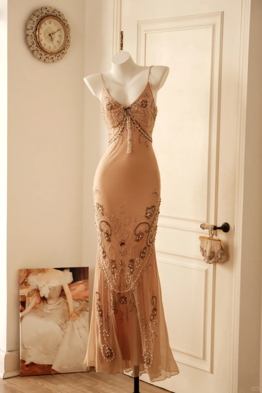 Classical Spaghetti Straps Chiffon Beaded Mermaid Long Party Dress Birthday Prom Dress D2724