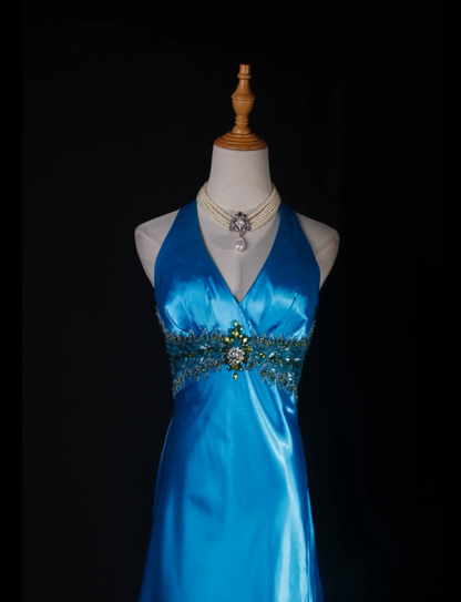 Elegant Halter V Neck Satin Beaded Prom Dress Blue Mermaid Slit Long Party Gowns D2241
