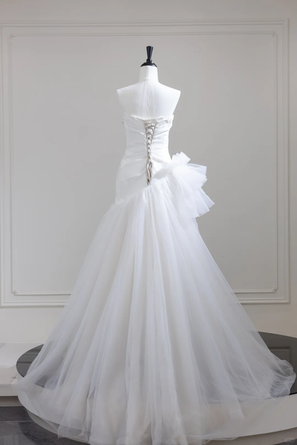 Elegant White Strapless Satin Tulle Mermaid Long Wedding Dress Bridal Gowns D3090