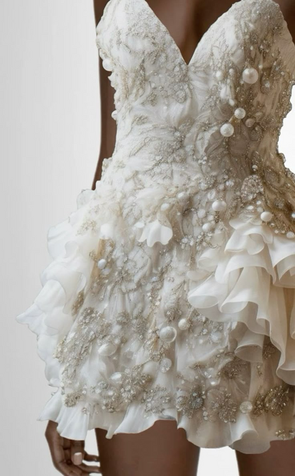 Pretty White Chiffon Beaded A Line Short Formal Homecoming Dress Birthday Outfits D471