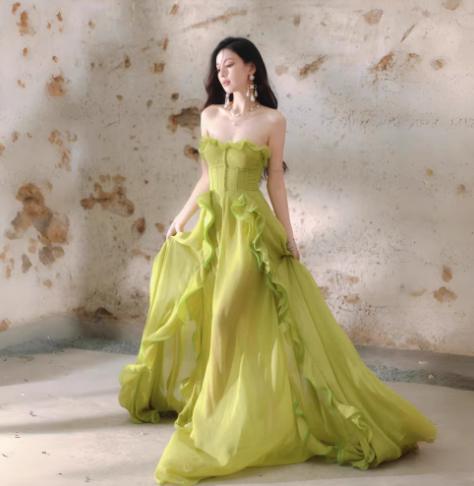 Pretty Green Strapless Chiffon Ruffled Long Evening Dress Birthday Dress D2402