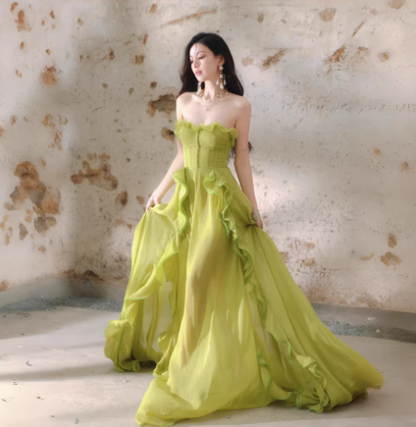 Pretty Green Strapless Chiffon Ruffled Long Evening Dress Birthday Dress D2402