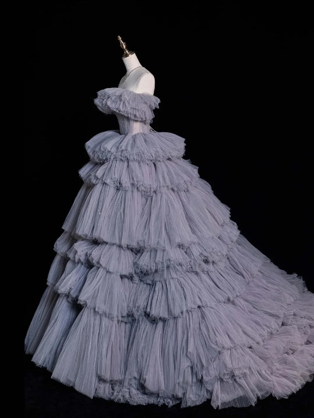 Modest Ball Gown Off The Shoulder Grey Blue Tulle Layered Birthday Quinceanera Dress Sweet 16 Dress D4529