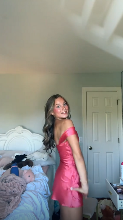 Elegant Off The Shoulder Satin Short Prom Dress,Watermelon Pink Mini Homecoming Dress D3458