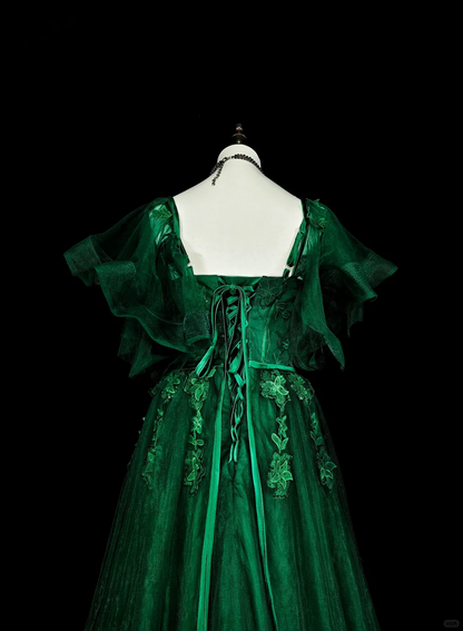 Classy Emerald Green Tulle Appliques Long Evening Dress Prom Dress D5391