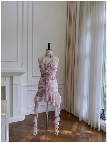 Pretty Sheath Halter Floral Chiffon Short Homecoming Dress Birthday Outfits S662