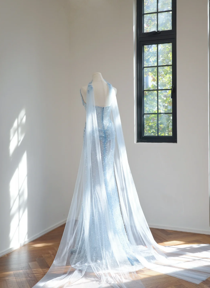 Pretty Strapless Light Blue Sequin Beaded Mermaid Long Birthday Party Dress Evening Gown D2159