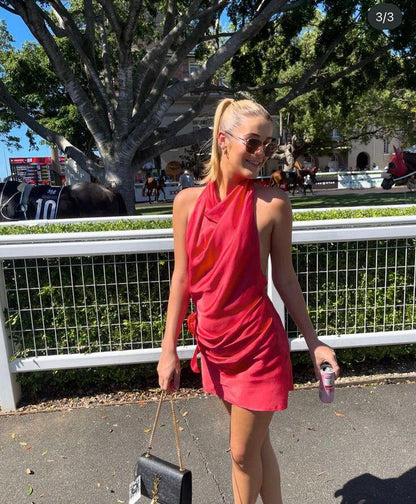 Pretty Watermelon Red Halter Satin Short 6th Grade Homecoming Dress,Backless Mini Birthday Outfits With Floral D3890