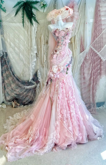 Pretty Pink Strapless Tulle Lace Appliques Mermaid Long Evening Dress Birthday Party Dresses D1987