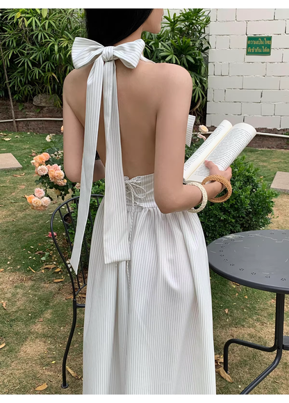 Cute Halter  A-Line Black White Striped Butterfly Bow V-Neck Long Evening Dress Birthday Party Gown D2083