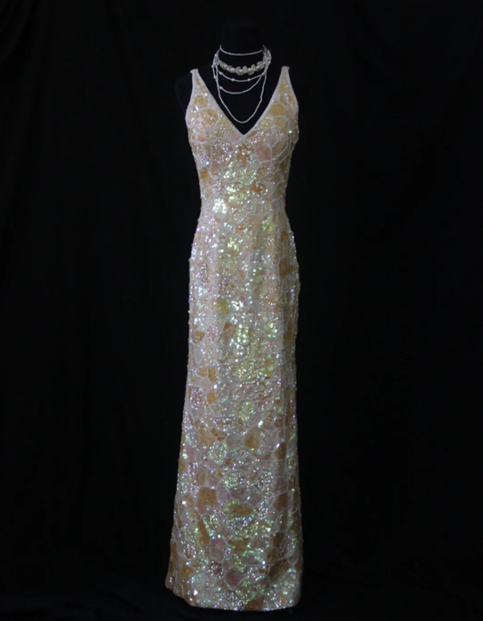 Glitter V Neck Sleeveless Sequin Beaded Sheath Long Evening Gown Formal Birthday Prom Dress D2282