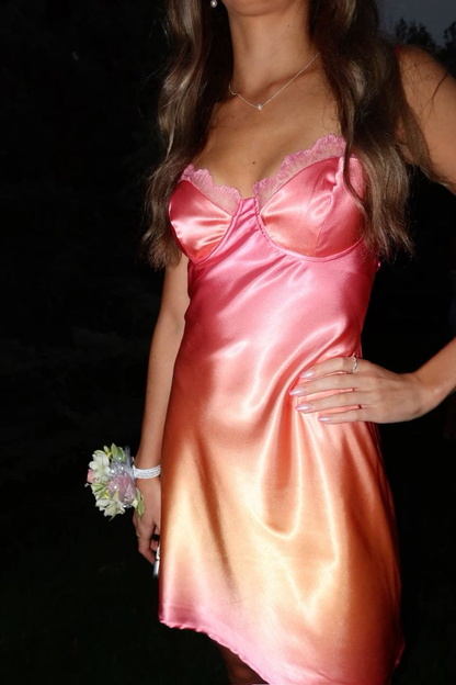 Beautiful Spaghetti Straps Ombre Pink Satin A Line Short 7th Graduation Homecoming Dress Birthday Outfits D3042