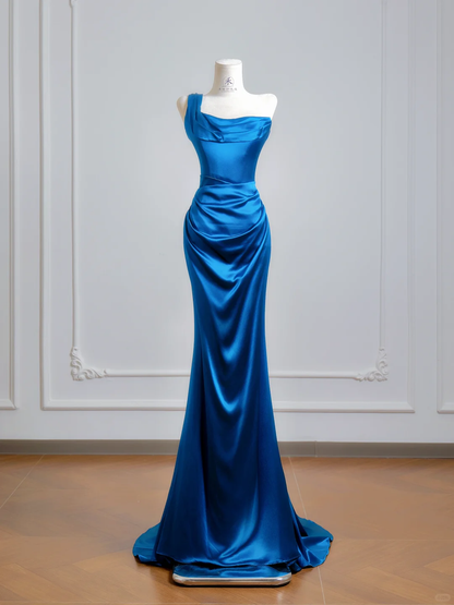 Elegant One Shoulder Satin Mermaid Evening Dress Prom Gowns Blue Long Wedding Guest Dress D2503