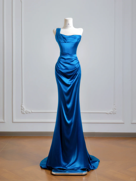 Elegant One Shoulder Satin Mermaid Evening Dress Prom Gowns Blue Long Wedding Guest Dress D2503