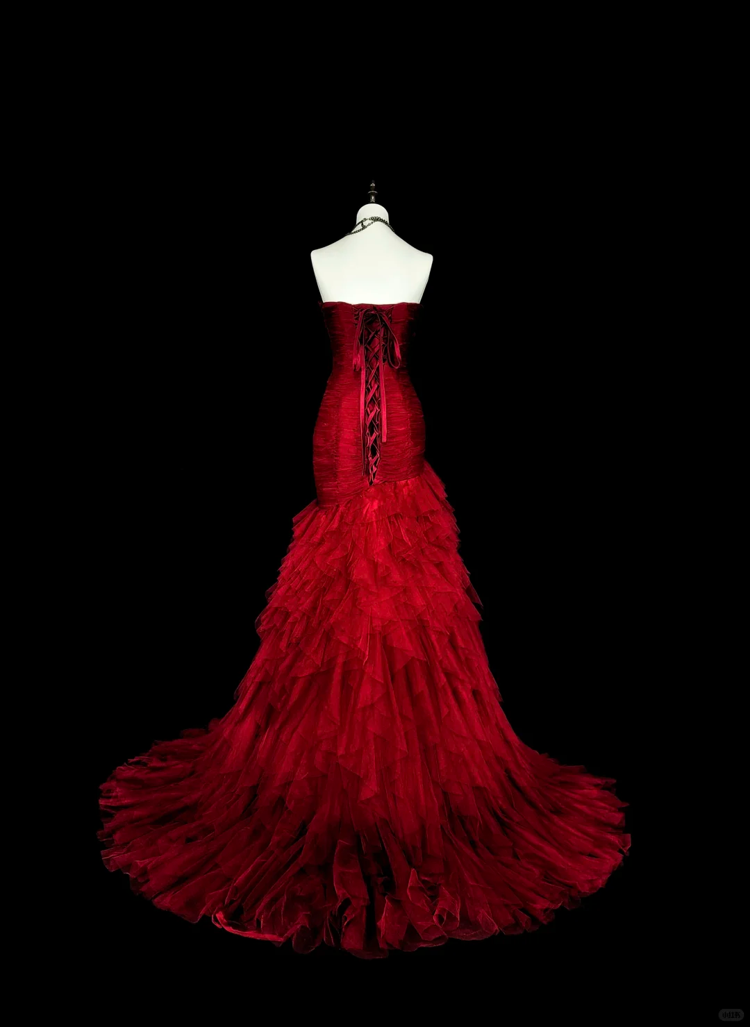 Charming Strapless Tulle Pleated Ruffles Mermaid Long Prom Dress Burgundy Evening Dress D5386