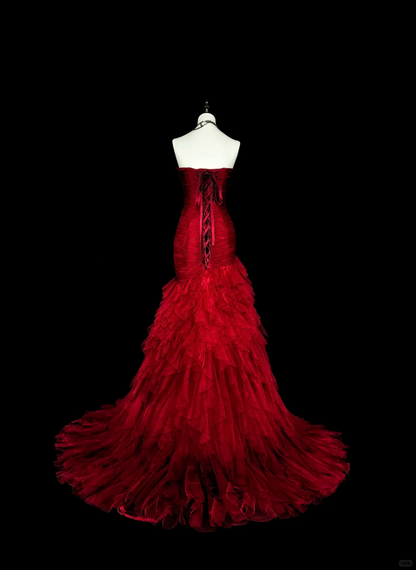 Charming Strapless Tulle Pleated Ruffles Mermaid Long Prom Dress Burgundy Evening Dress D5386