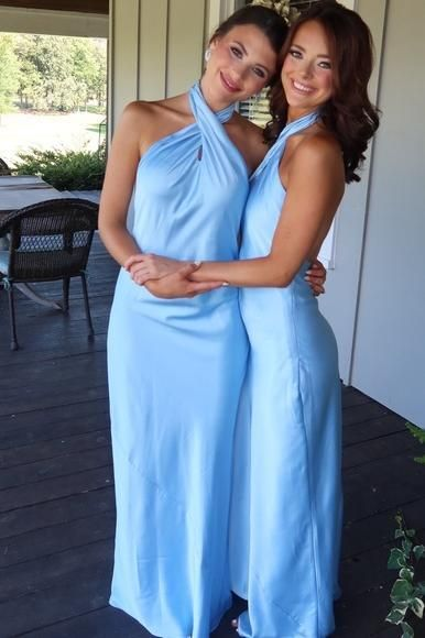 Classy Halter Champagne Backless Sheath Tea Length Bridesmaid Dress Formal Wedding Guest Dress D963