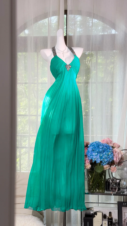 Charming Halter Chiffon Pleated Beaded A Line Long Wedding Guest Dress,Green V Neck Party Dress Prom Dress D2935