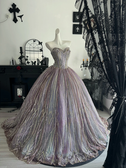 Glitter Sweetheart Neck Quinceanera Dress Purple Tulle Sequin Beaded Sweet 15 16 Dress D4714