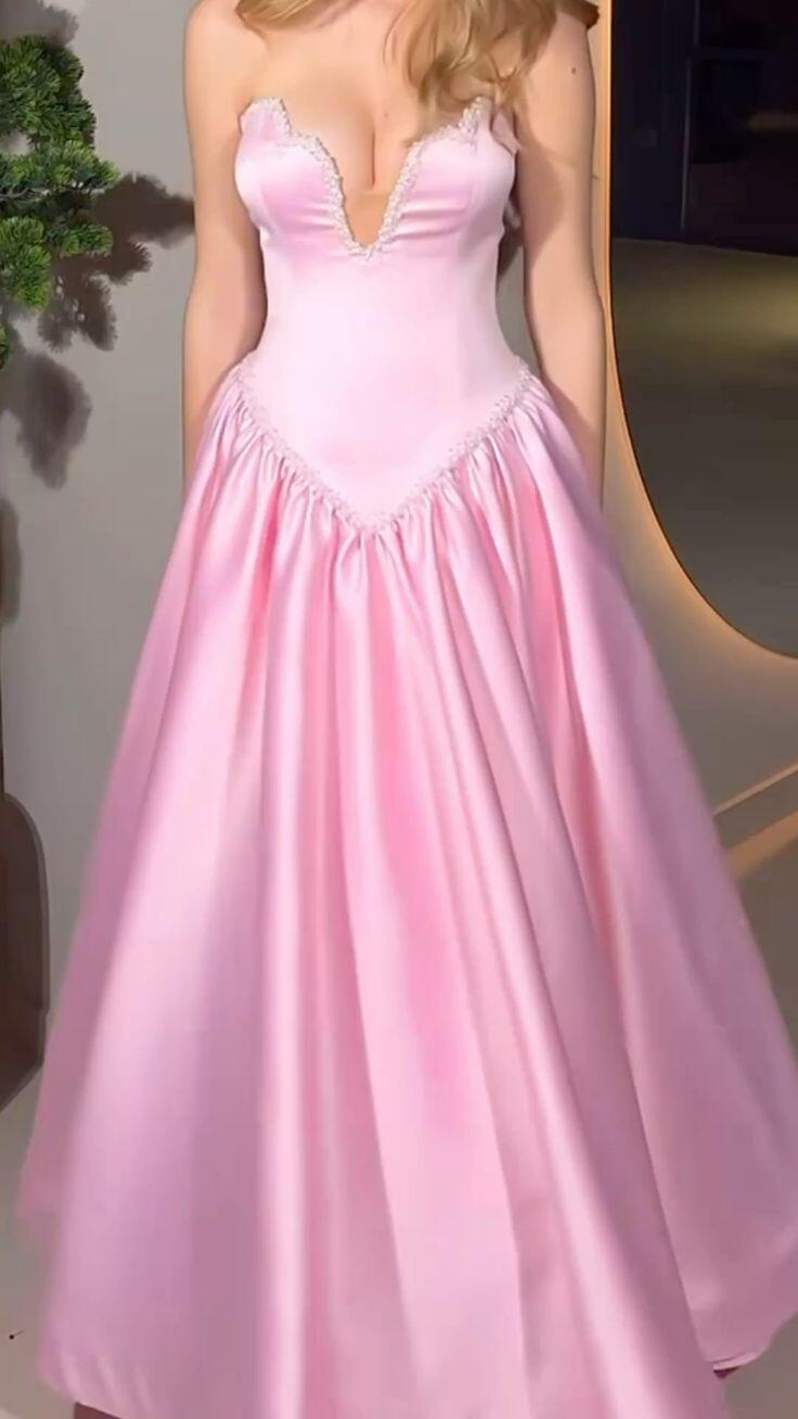 Pretty Sweetheart Neck Pink Satin Beaded A Line Long Party Dress Birthday Prom Dress D3738