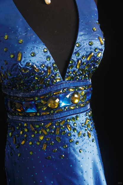 Gorgeous Halter V Neck Satin Beaded Long Prom Dress,Blue Mermaid Party Gown D2850