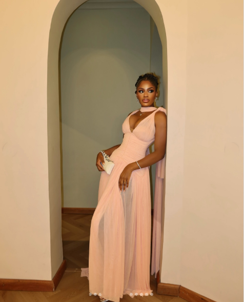 Stylish Pink Chiffon Pleated A Line Long Wedding Guest Dress Evening Dress With Ribbon D1363
