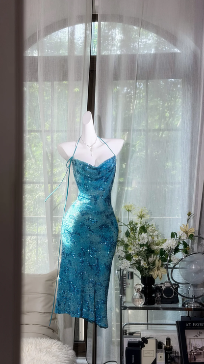 Sparkly Tiffany Blue Sequin Sheath Knee Length Prom Dress Birthday Dress D2937